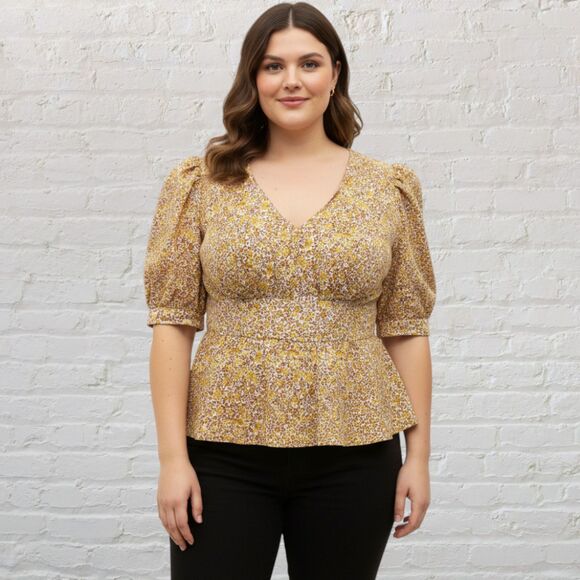 โจ J.Crew Deep V Puff Sleeve Blouse 16 ๐ Yellow Floral Peplum Cotton Blend ๐ธ - Picture 1 of 14